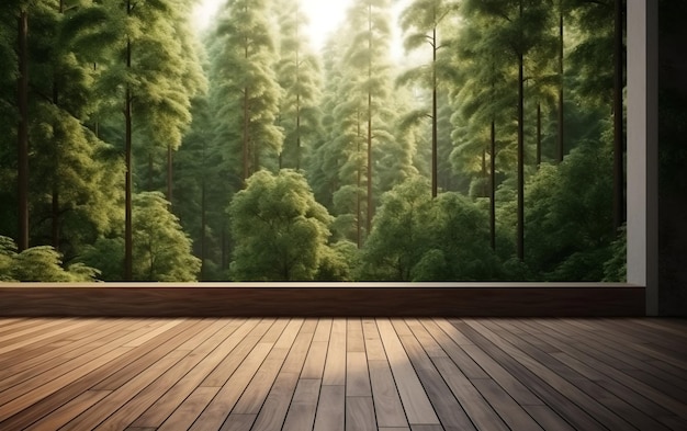 Empty wooden floor in a forest with a view of the forest