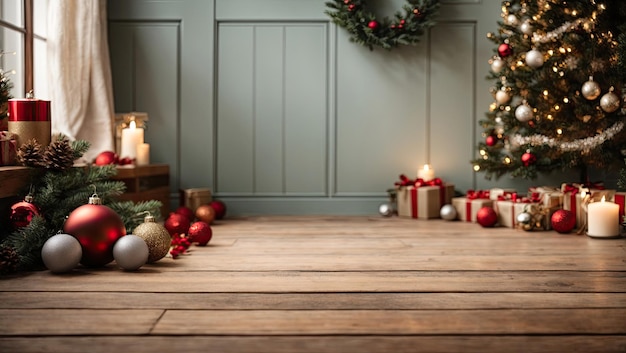 Empty wooden floor in neutral tones for product display with a wall in the interior of the room