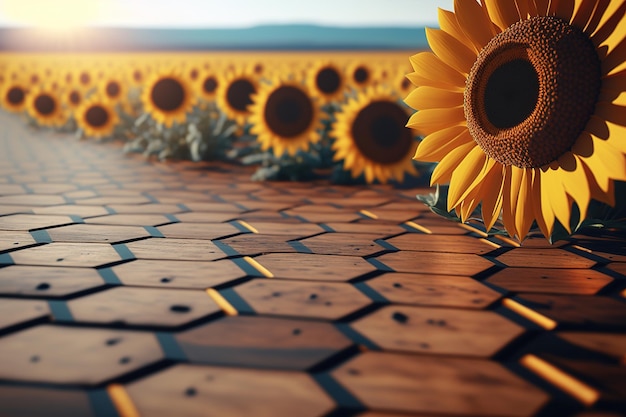 Empty wooden floor table top with sunflower fields on the backgrounds generative ai,