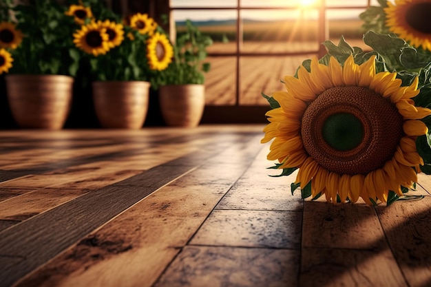 Empty wooden floor table top with sunflower fields on the backgrounds