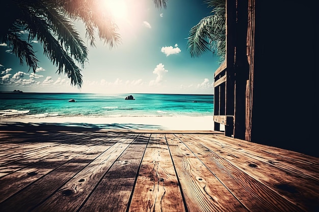 Foto tavolo da pavimento in legno vuoto con sfondi di spiaggia tropicale generativa ai,