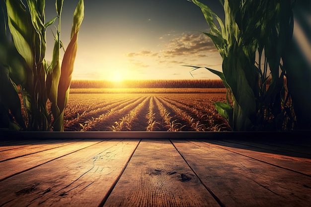 Empty wooden floor with cornfield in the background