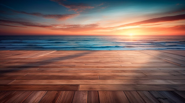Empty wooden floor with tropical sunset beach background Generative AI