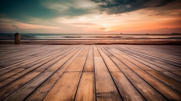 熱帯の夕日のビーチの背景を持つ空の木の床 ジェネレーティブ AI