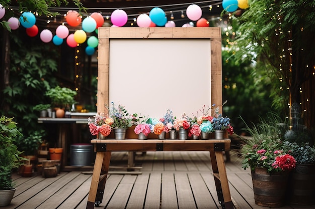 Photo empty wooden frame in garden with flowers in pot and lots of balloons for party