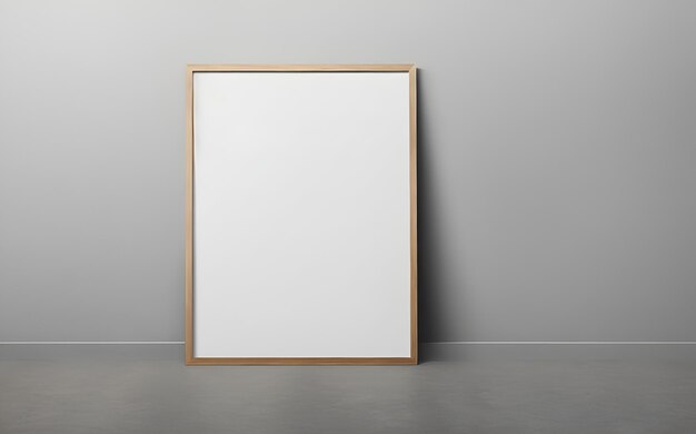 An empty wooden frame on a gray wall