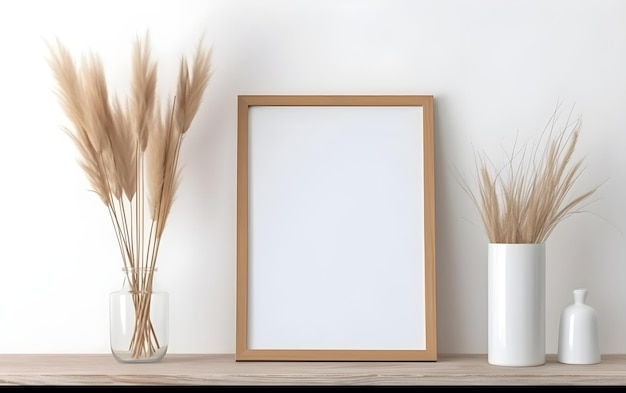 Empty wooden frame on a shelf with two vases of dry grass on a white wall.