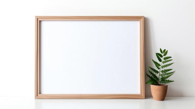 Empty wooden frame on white background mockup minimalist