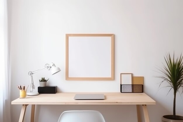 Empty wooden frame with copy space in office on white wall created using generative ai technology