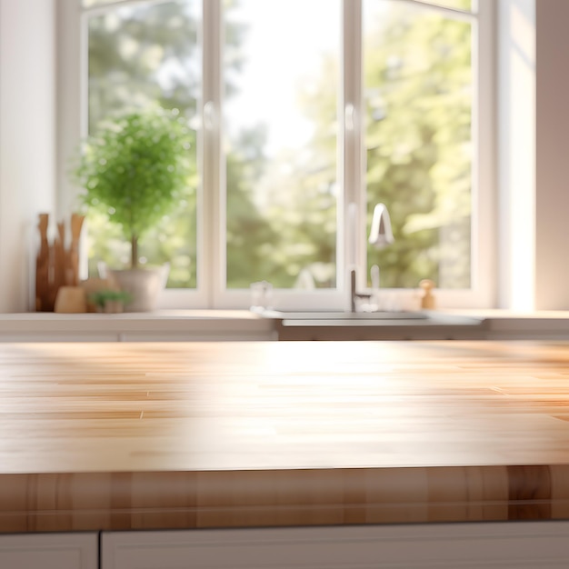 Empty wooden kitchen countertop with blurred window with trees background