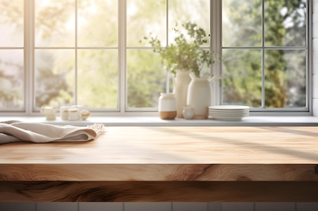 Empty wooden kitchen countertop with blurred window with trees background