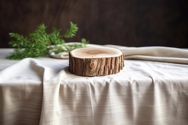 Empty wooden log on table with modern tablecloth