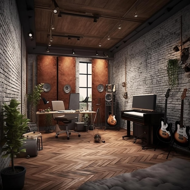 Empty wooden music recording studio with guitar and music equipment AI generated