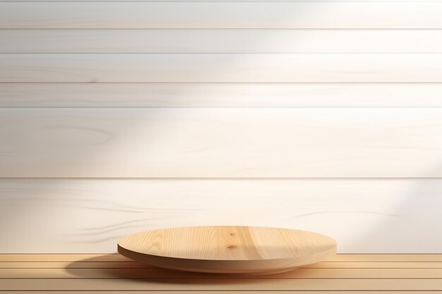 Empty wooden pedestal on kitchen table before white brick wall