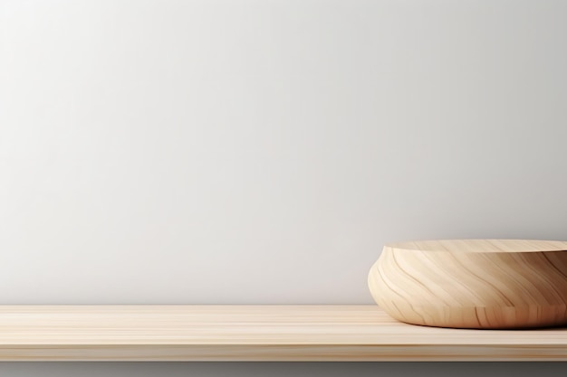 Empty wooden pedestal on kitchen table before white brick wall