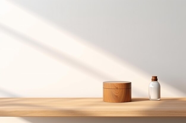 Photo empty wooden pedestal on kitchen table before white brick wall