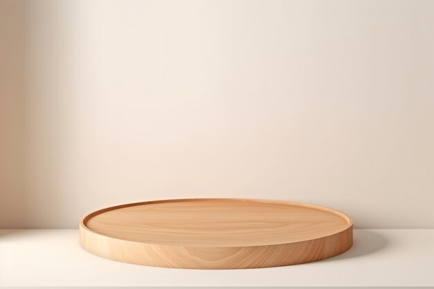 Empty wooden pedestal on kitchen table before white brick wall