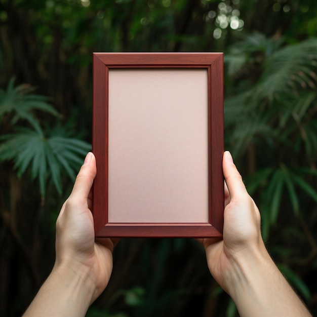 Photo an empty wooden photo frame in hand