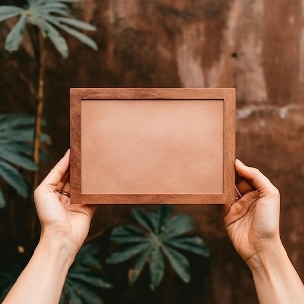 Photo an empty wooden photo frame in hand