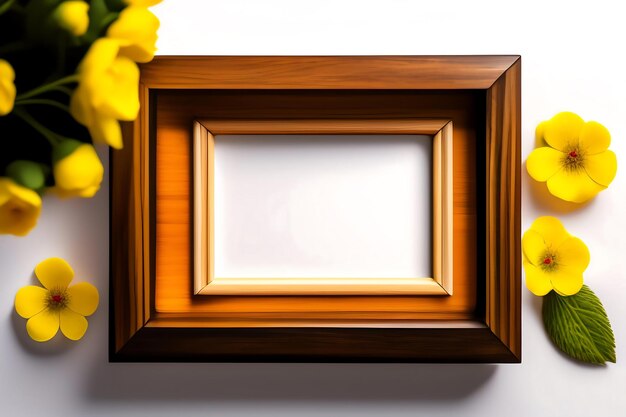 Empty wooden photo frame mockup with beautiful small yellow flowers isolated on white background