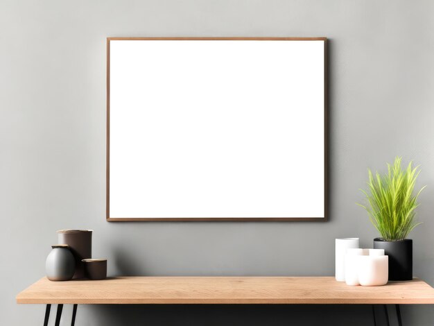 Empty wooden picture frame mockup Golden vase with plant on wooden table Grey wall background Elegant working space Scandinavian interior design Home office concept Generative Ai