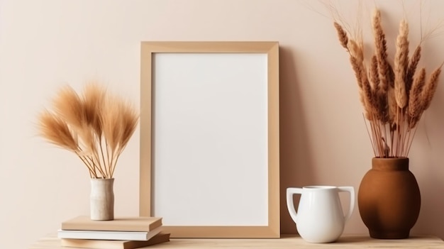 empty wooden picture frame mockup hanging on beige w