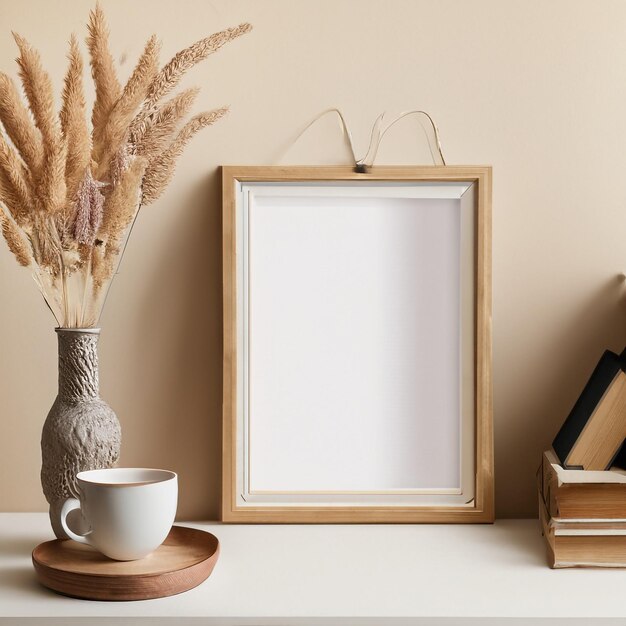 Empty wooden picture frame mockup hanging wall background Boho vase Flowers Coffee cup old books