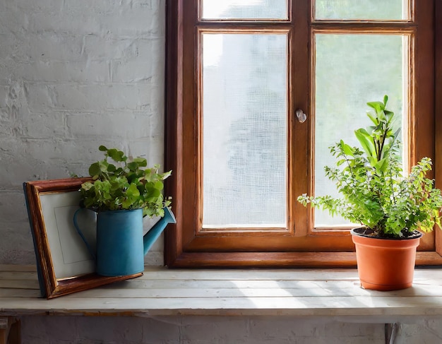 Empty wooden picture frame an opened window and potted plants