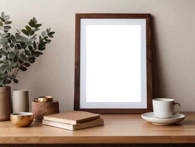 Photo empty wooden picture frame poster mockup hanging on beige wall background