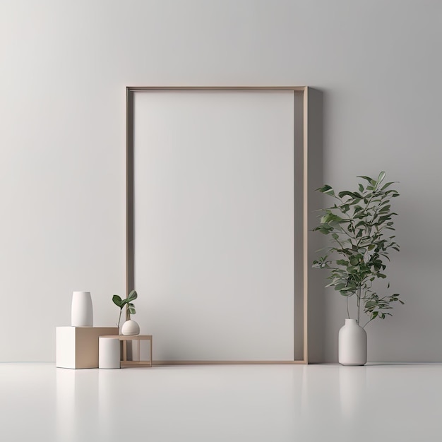 empty wooden picture frame with blank wall and plant 3 d renderingmodern minimal poster frame in w