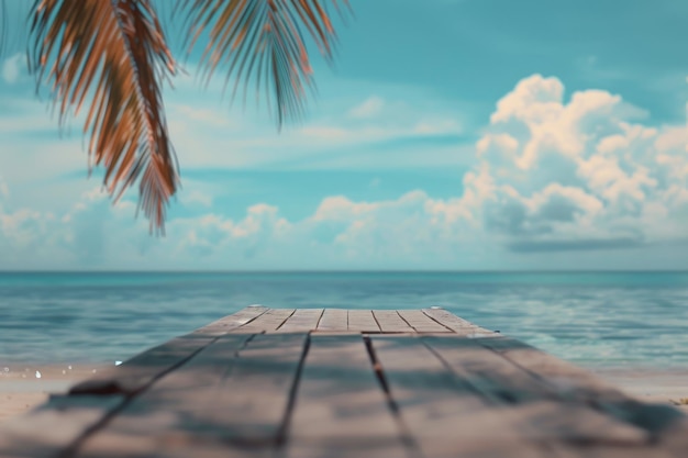 Empty wooden pier on tropical beach with palm trees