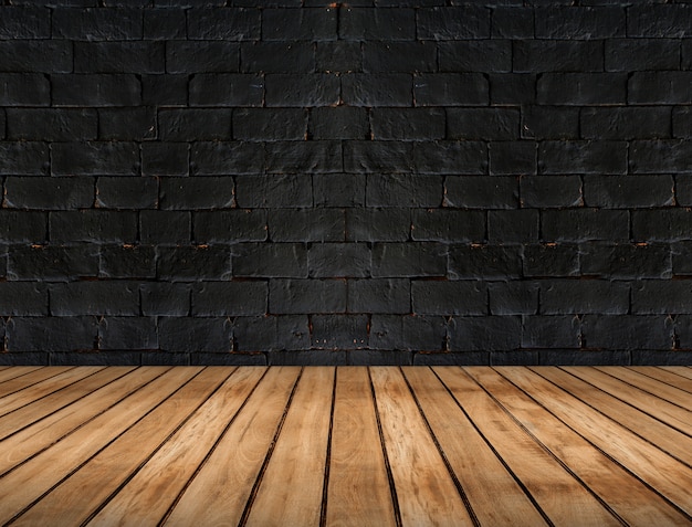 Empty wooden plank floor and black brick wall, Room interior background