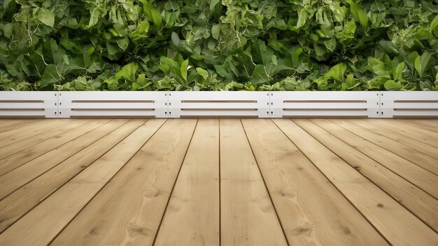 Empty wooden plank floor space with green garden leaves product display space with fresh green na