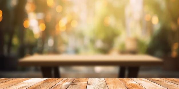 The empty wooden plank table with unfocused background Exuberant image