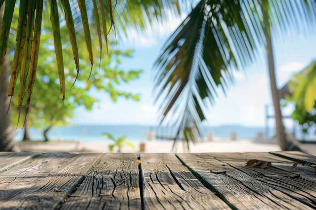 Empty wooden planks for product placement with beach background