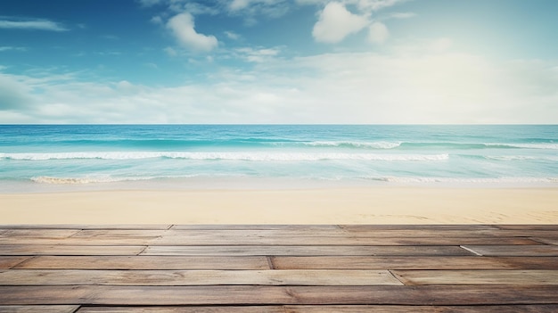 empty wooden planks with blur beach and sea on background