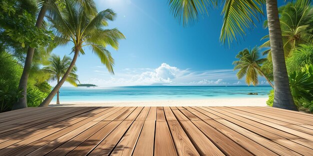 Empty wooden planks with blurred tropical beach background