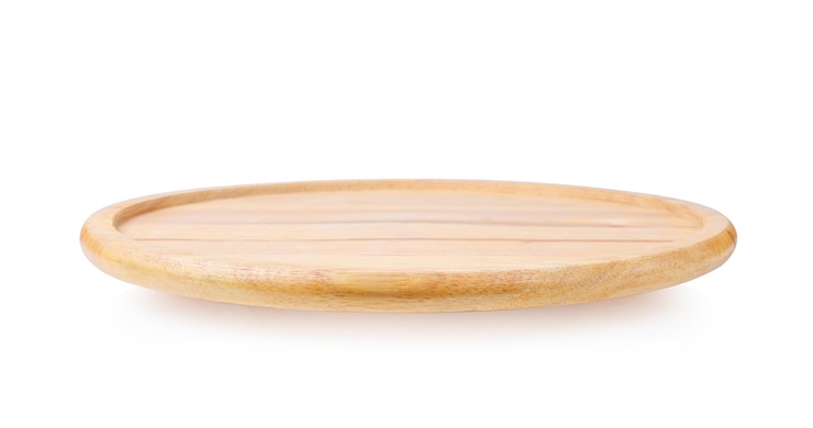 Photo empty wooden plate isolated on white color