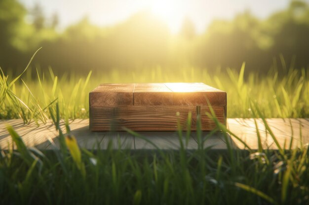 Empty Wooden Podium on Lush Green Field with Shallow Depth of Field in Serene Summer Setting