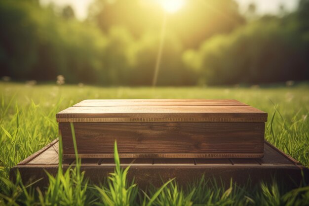 Empty Wooden Podium on Lush Green Field with Shallow Depth of Field in Serene Summer Setting