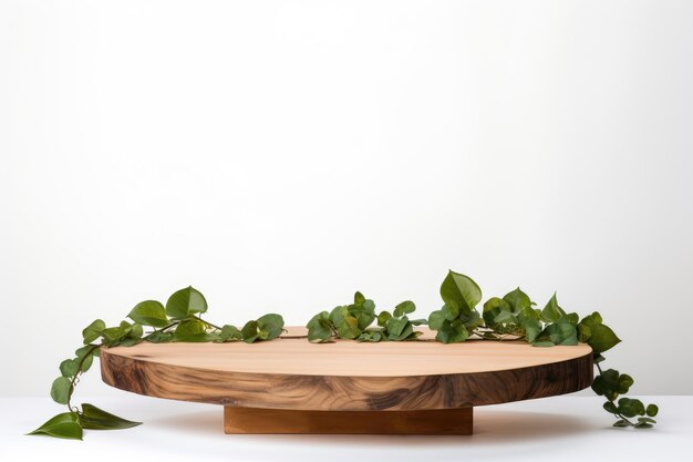 An empty wooden podium made from a sliced piece of wood adorned with green leaves floating in the a