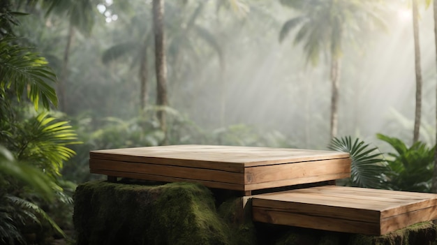 Foto piattaforma vuota in legno per l'esposizione di prodotti su erba verde e fondo di muschio tropicale