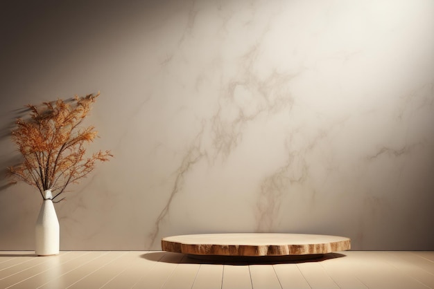 Empty wooden podium on a table on a marble background for product demonstration