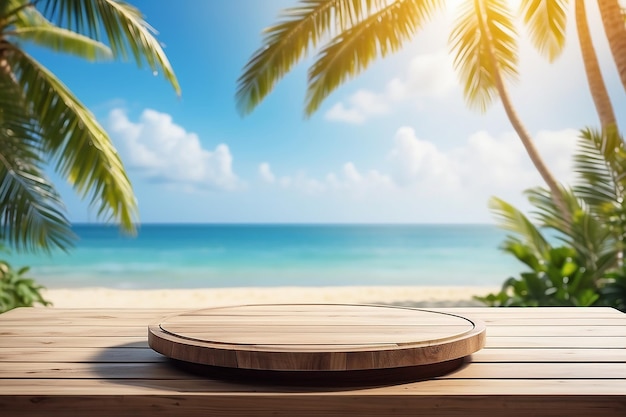 Пустой деревянный подиум с полотенцем на столе над тропическим пляжем на фоне боке