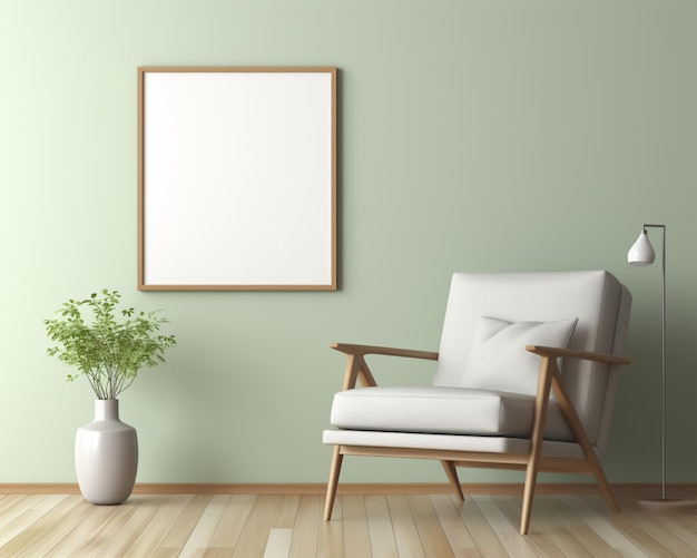 Empty wooden poster frame with armchair and green wall