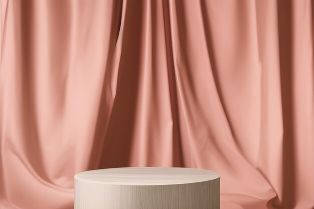 Empty Wooden Product Podium With Silk Curtain In The Background