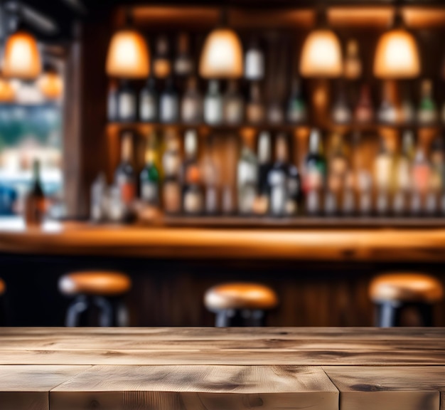 Empty wooden pub table and blurred pub background Template or mockup for your product