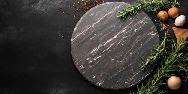 Empty wooden round board on dark stone kitchen table top view