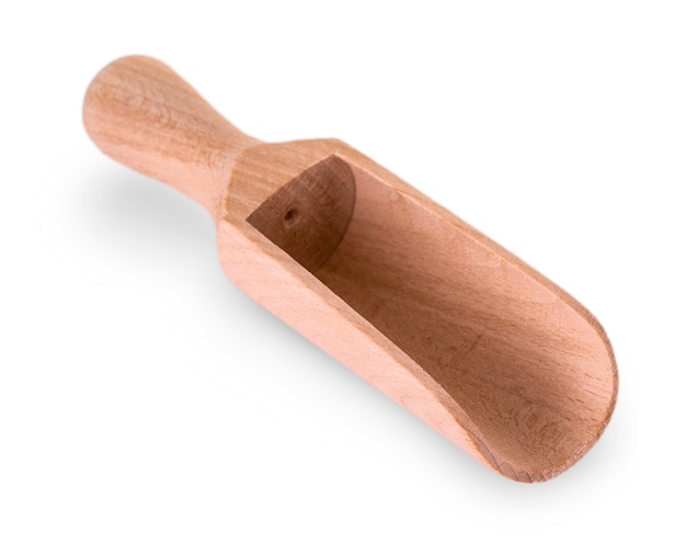 Empty wooden scoop on a white background.