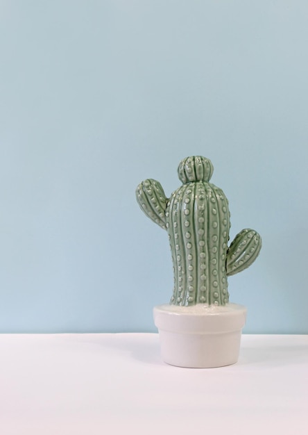 Photo empty wooden shelf with cactus over blue background mock up for design